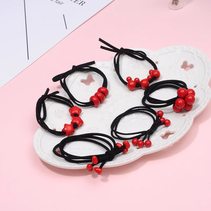 New small fresh and simple wild red beads tied hair rubber band Zama tail lady head rope ring | Украшения и аксессуары