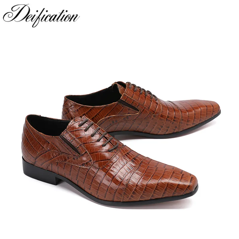 

Deification Italian Retro Style Tan Genuine Leather Man Shoes Lace Up Checkered Loafers Business Wedding Formal Shoes Mens Flats