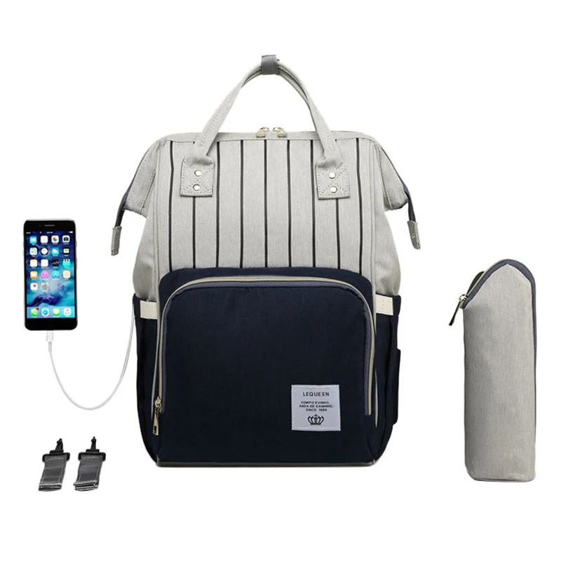 Blue with hooks Модная полосатая сумка для подгузников для мам, Большая вместительная детская сумка, дизайнерская сумка для кормления, сумка для мам, детские подгузники - Цвет: Blue with hooks