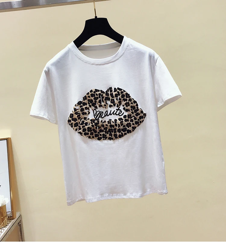 Лето 2019 Новое поступление leopard письма с коротким рукавом женская футболка летняя