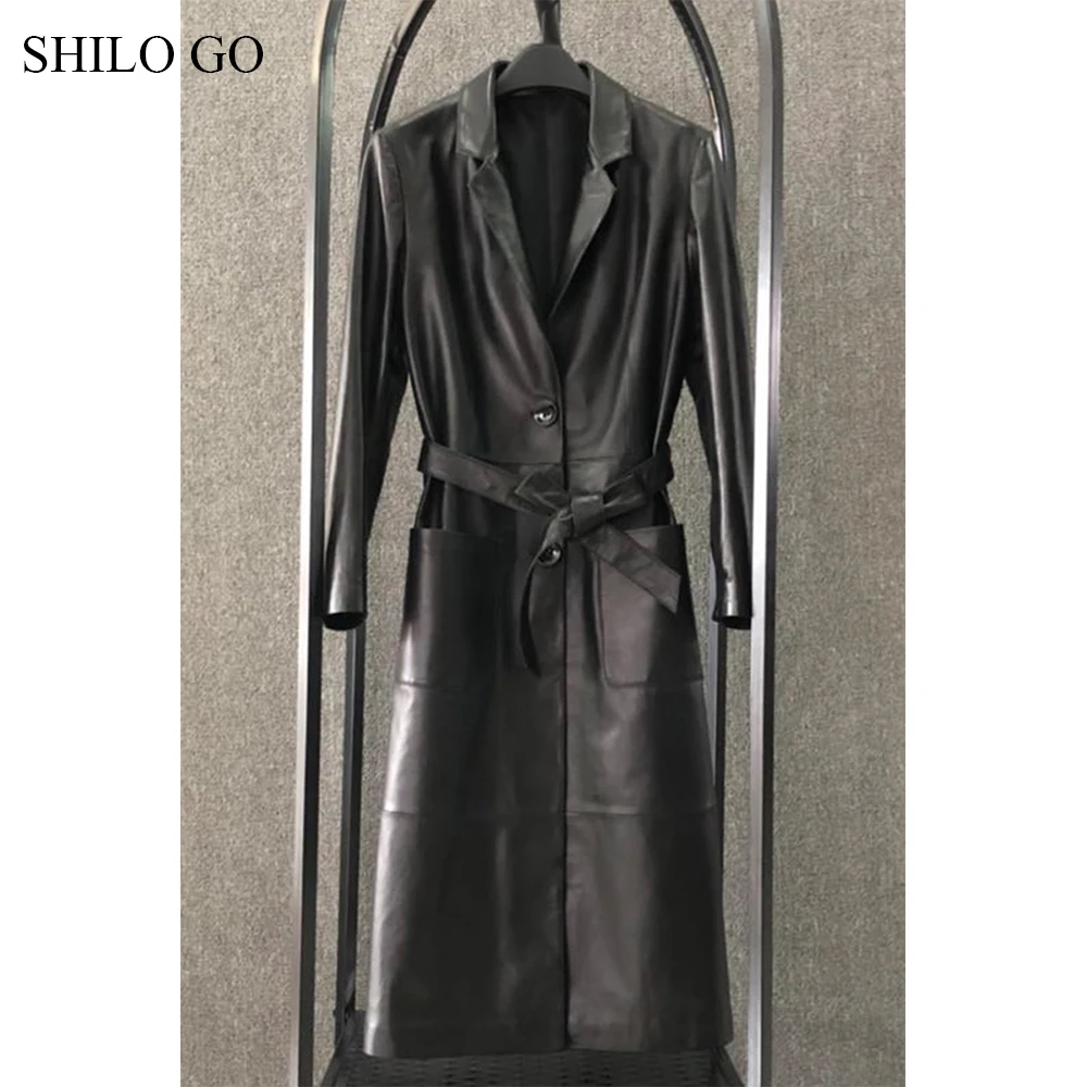Женский кожаный Тренч SHILO GO длинное однобортное пальто из натуральной овечьей