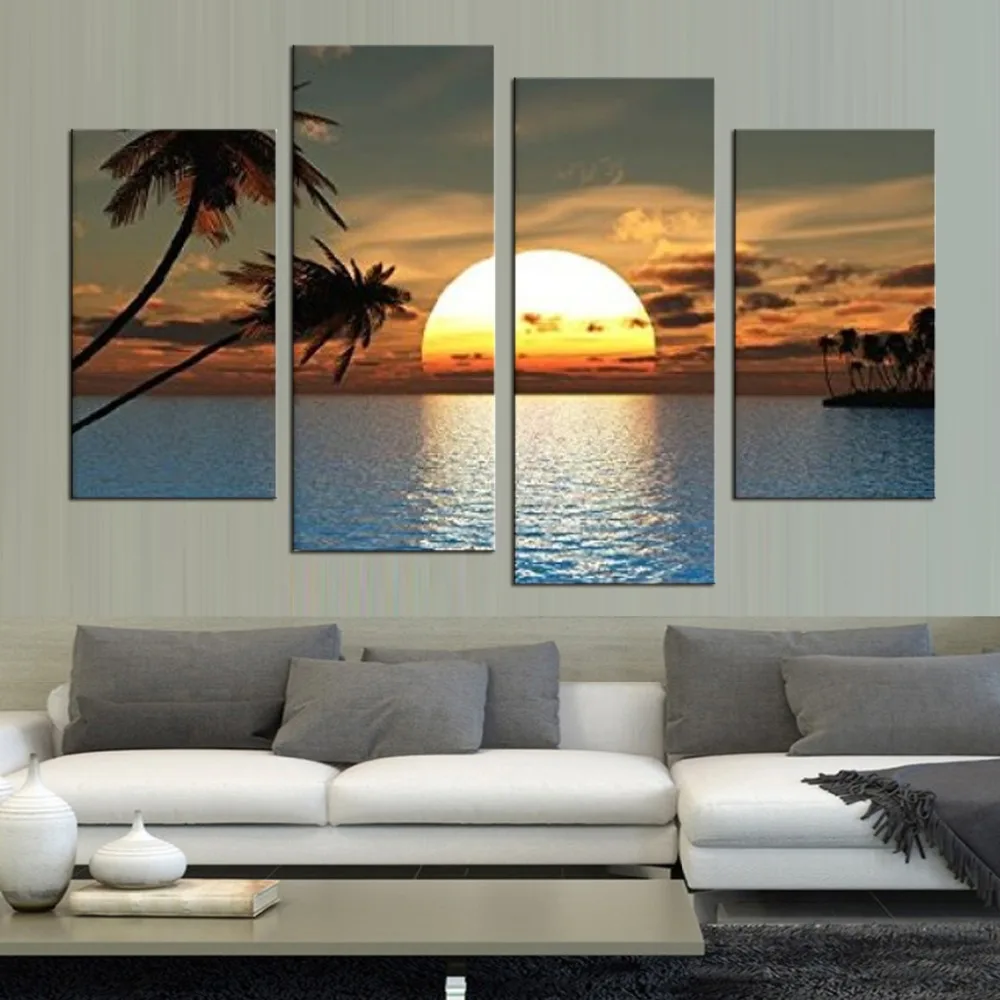 

HD Printed Modern Canvas Living Room Pictures 4 Panel Sunset Ocean View Painting Wall Art Modular Poster Framework Home Decor