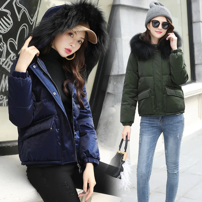 Cotton female 2017 autumn and winter new European American fashion loose long gold Velvet large fur collar hooded padded cot | Женская