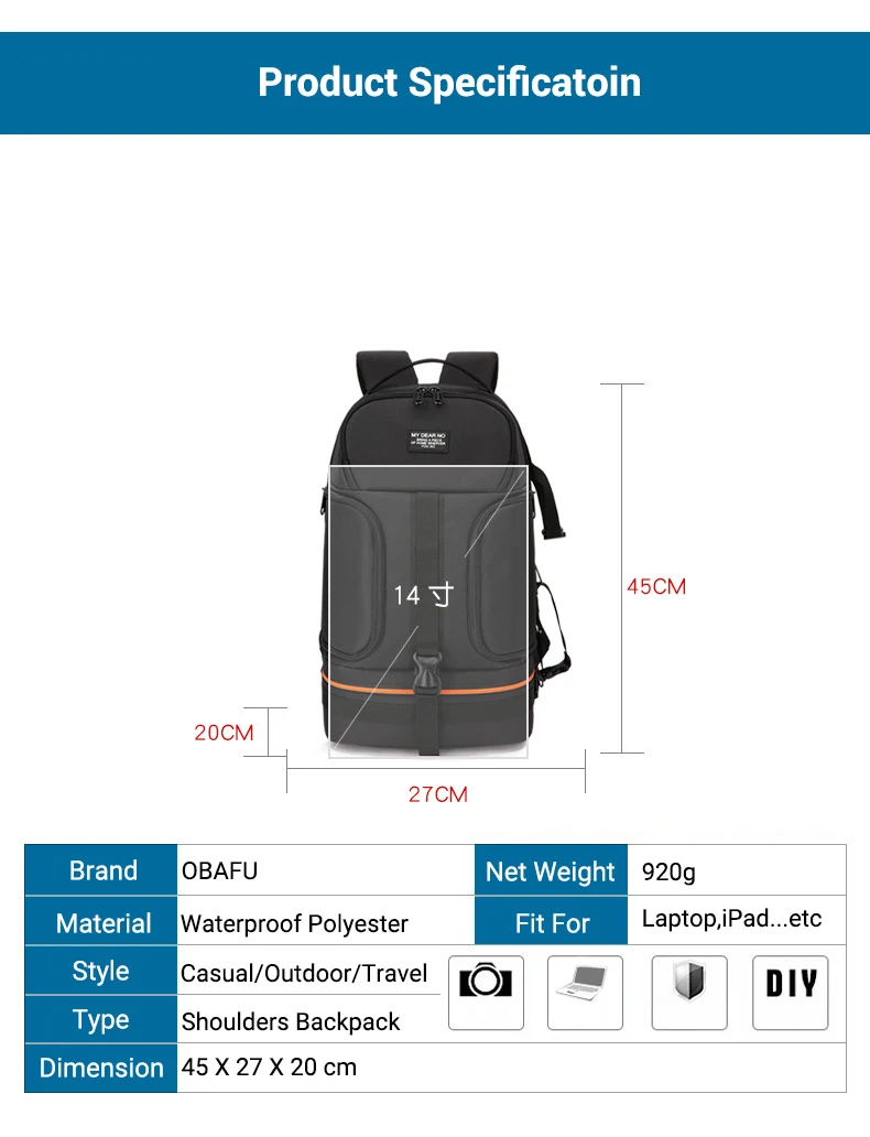 OBAFU DSLR Waterproof Shockproof Shoulders Camera Backpack Tripod Case Reflector Stripe fit Laptop Bag for Canon Nikon Sony