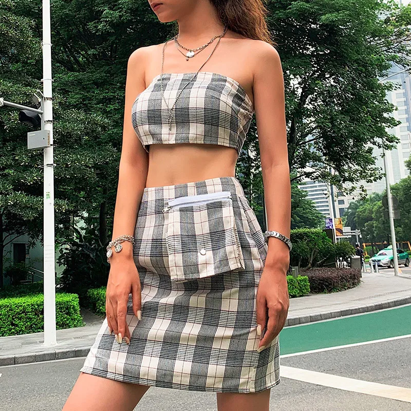 Женский винтажный клетчатый комплект из двух предметов сексуальный укороченный