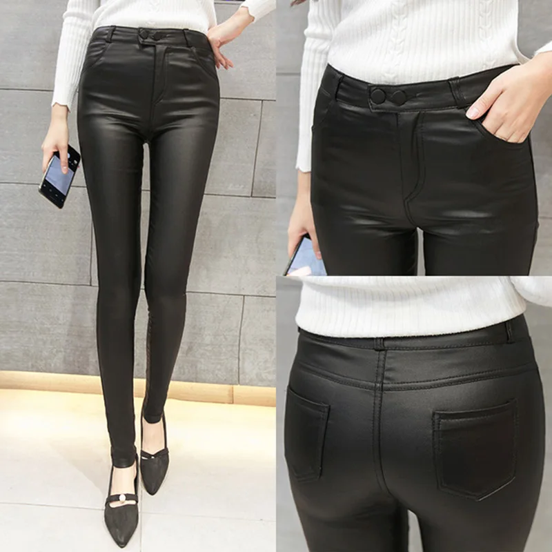 Women Autumn Winter Leather Pants Fashion Black Elastic Push Up Ankle-Length Leggings High Waist PU Skinny Pencil Trousers | Женская