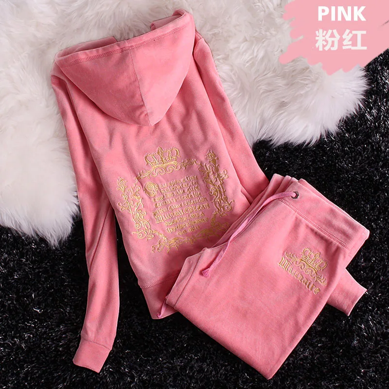 Pink Спортивный костюм для женщин; сезон весна-осень; Новинка года; Повседневная модная одежда в европейском и американском стиле; цвет золотой, коралловый; бархатная Осенняя спортивная одежда - Цвет: Pink