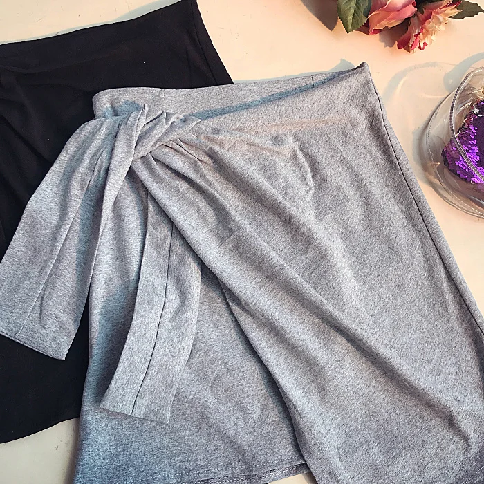 Flectit Black Grey Asymmetrical Knotted Mini Skirt with Bow Sexy Womens Skirts Party Club Wear | Женская одежда