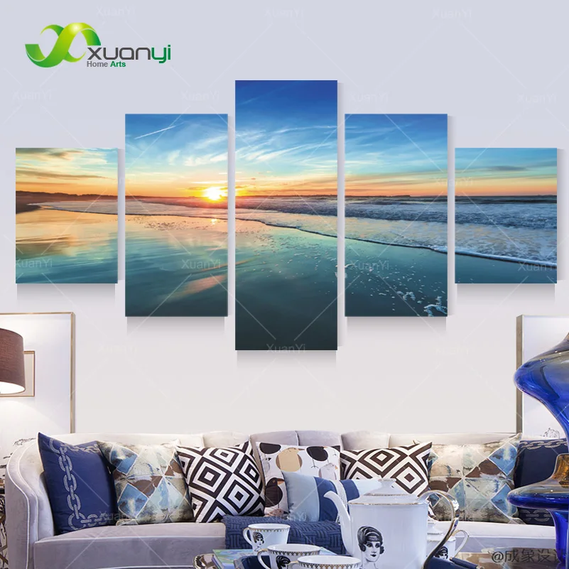 5 Piece Canvas Art Blue Sunset Seascape Paintings Modular Picture Wall Oil Painting For Living Room Unframed PF1206 | Дом и сад