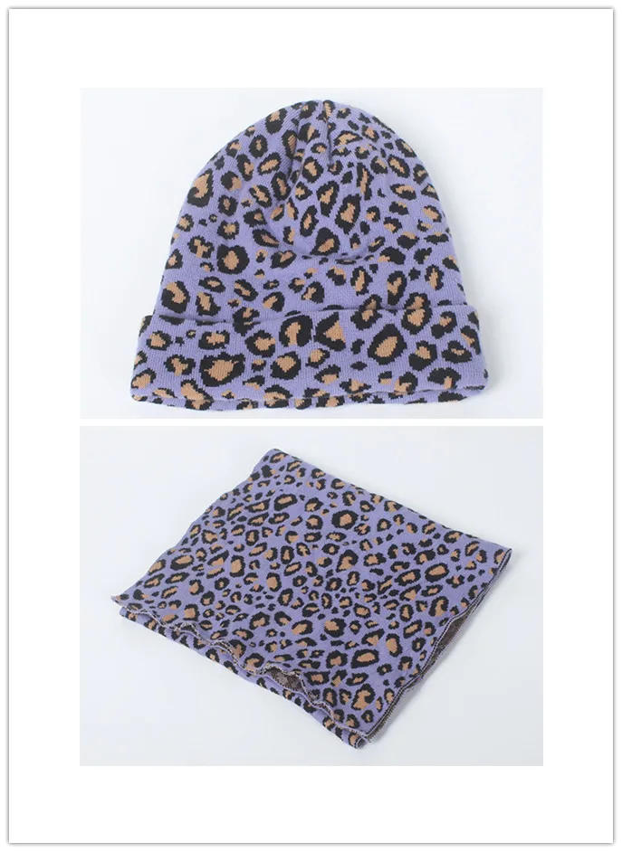 purple set Модный комплект из шапки и шарфа унисекс с леопардовым принтом; сезон осень-зима; Двойные шапки-бини для женщин; эластичные теплые шарфы; шапка с помпонами - Цвет: purple set