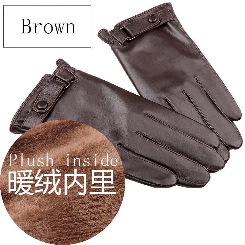 Brown Plush inside Мужские крутые перчатки из натуральной овечьей кожи, тонкие/толстые плюшевые зимние теплые перчатки с сенсорным экраном, перчатки для вождения A42 - Цвет: Brown Plush inside