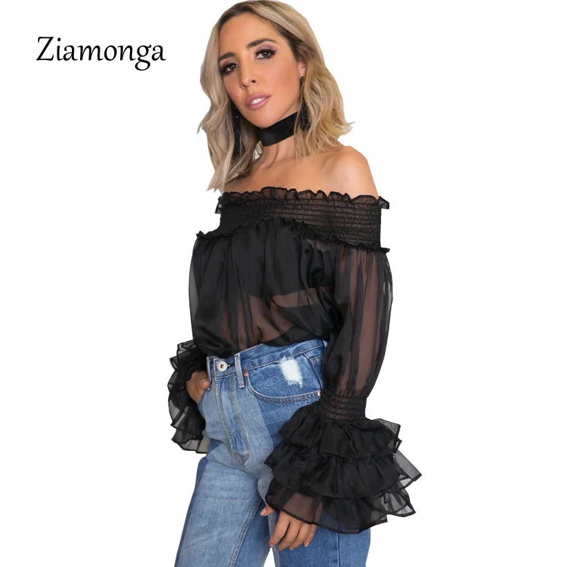 Ziamonga сексуальные блузки с открытыми плечами женские шифоновые топы пышными