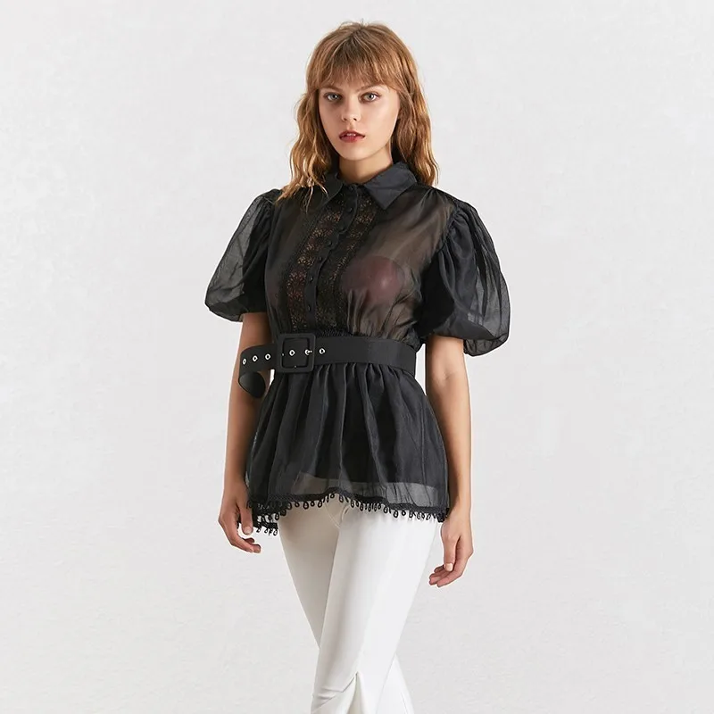 Black TWOTWINSTYLE Elegant Embroidery Patchwork Women Blouse Lapel Collar Half Sleeve Tunic Chiffon Shirt Female Fashion Summer - Цвет: Black