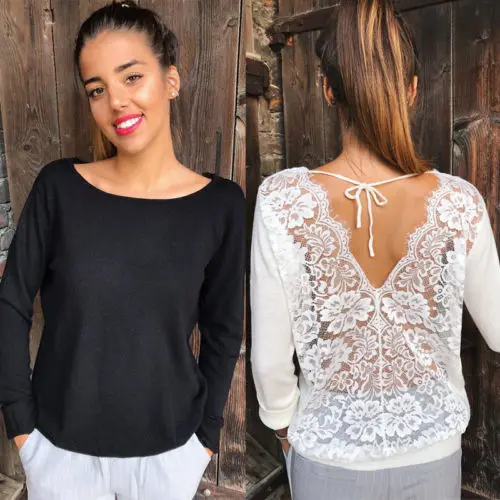 

Sexy Women's Long Sleeve Loose Lace Back Blouse Casual Shirt Summer Tops Strap Shirt Fall Fashion Clothing