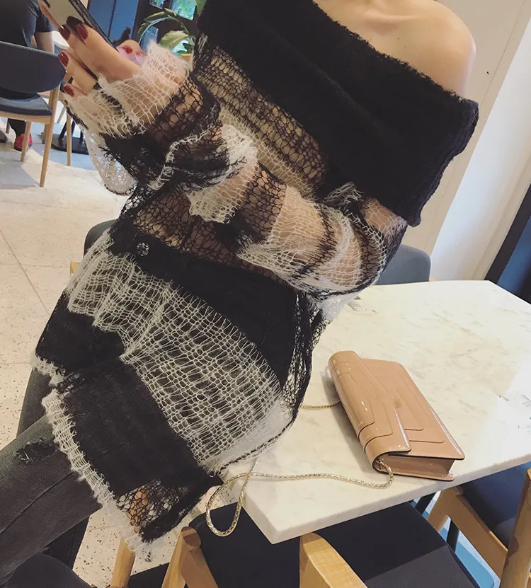 WHITNEY WANG 2019 Autumn Fashion Streetwear Sexy Slash neck Striped Mohair Sweater Women Jumper Pullover sueter mujer invierno | Женская