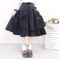 qiukichonson lolita bowknot high waist women pleated skirt 2019 korean fashion ball gown cute ruffle black skirt midi long