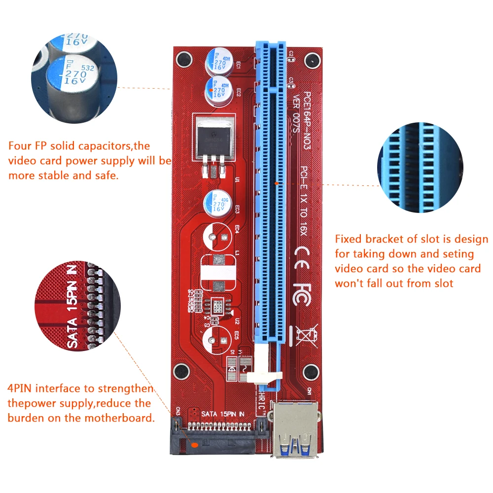 10 шт. TISHRIC VER007S PCI Express PCIE E Riser Card 007 007S 1x к 16x удлинитель USB 3 0 кабель 15pin SATA для BTC