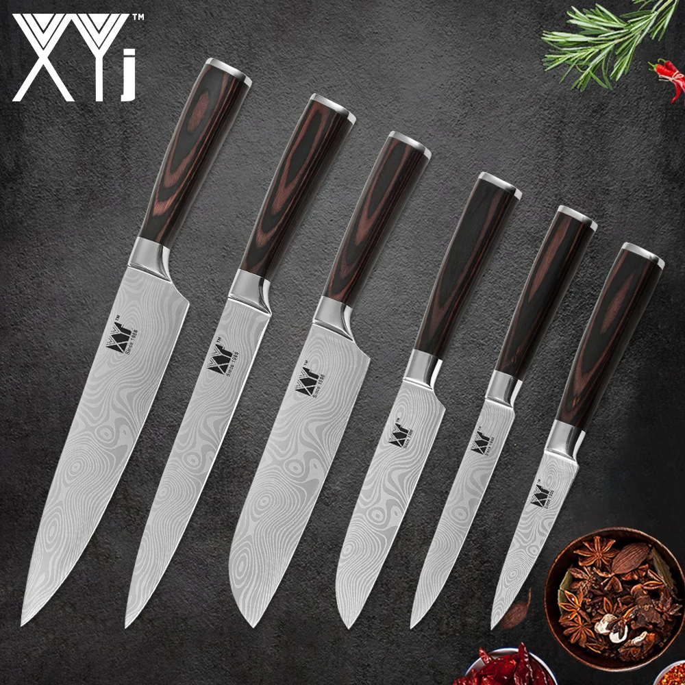 XYj 6 Piece Stainless Steel Kitchen Beauty Pattern Sharp Blade Bend Non-slip Handle Chef Slicing Santoku Utility Paring Knife | Дом и сад