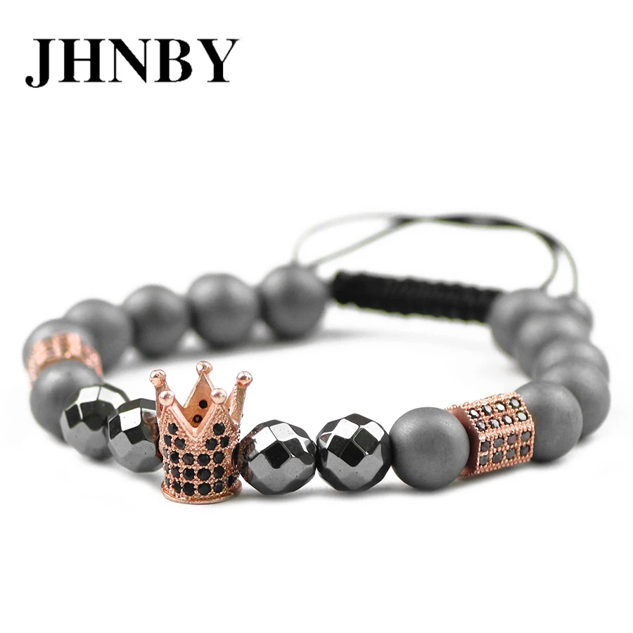 JHNBY Crown 8mm Matte Hematite Bead Pave CZ Men Charms Bracelet Braided Rope Trendy Women Copper Bangle Jewelry Pulseras Hombre | Украшения