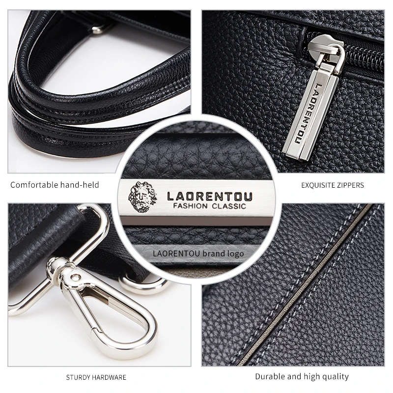 Мужской кожаный портфель LAORENTOU черный деловой из воловьей кожи с ручками и