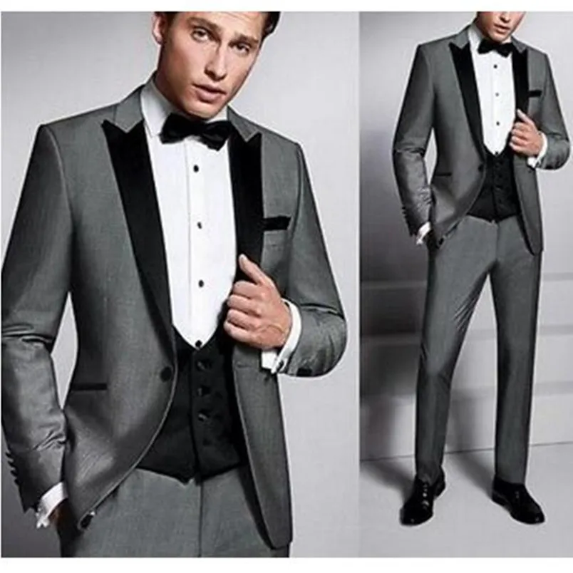 

Three Pieces Grey Groom Tuxedos Black Notched Lapel Groomsmen Men Wedding Suits Prom Suit(Jacket+Pants+Vest+Tie)