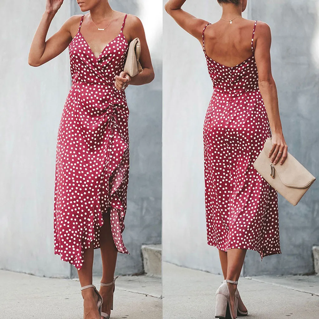 Женская одежда 2019 женское сексуальное платье в горошек без рукавов с v образным