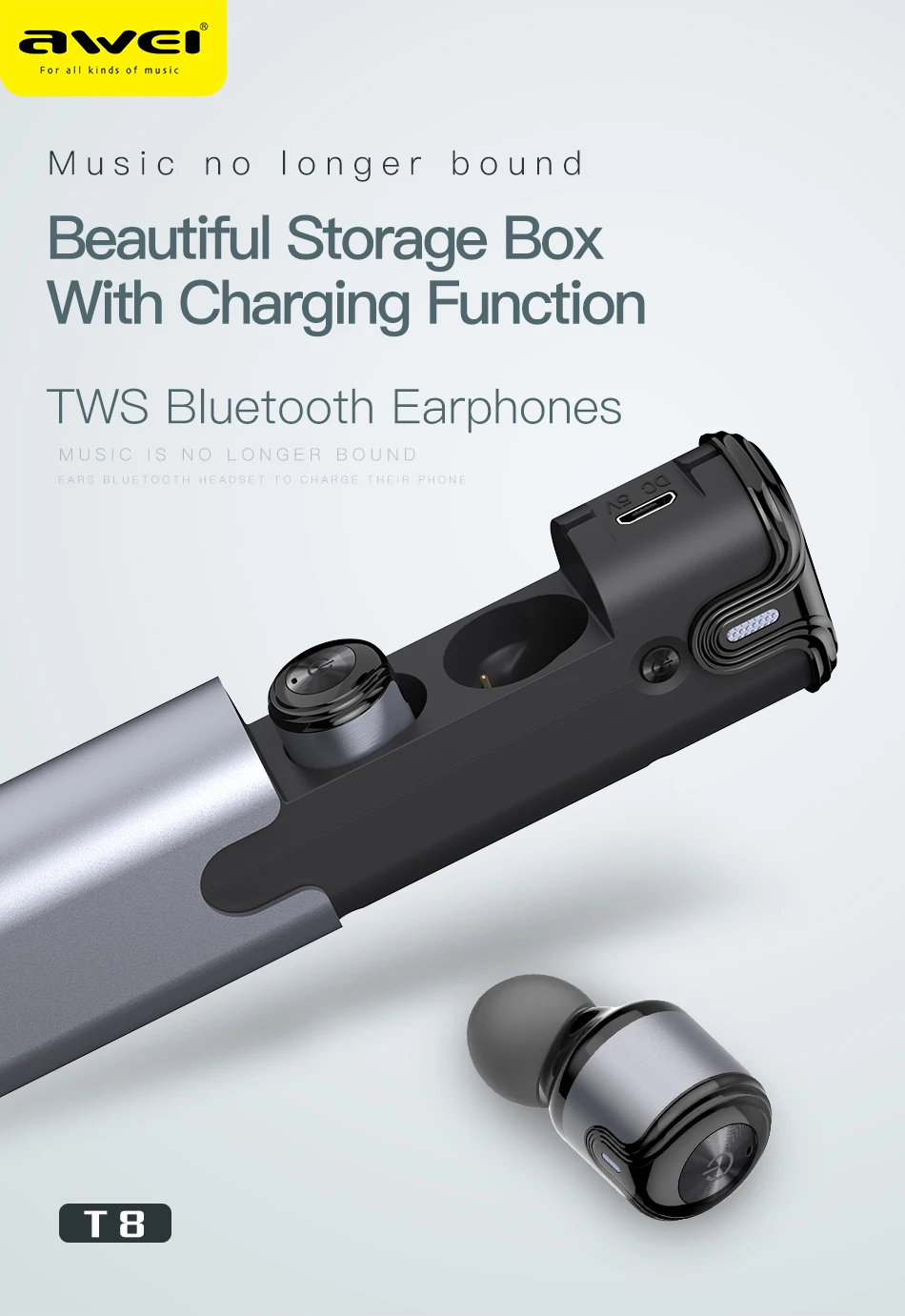 DRXENN Awei T8 TWS Bluetooth наушники беспроводные наушники с power Bank двойной микрофон стерео наушники-вкладыши для смартфона
