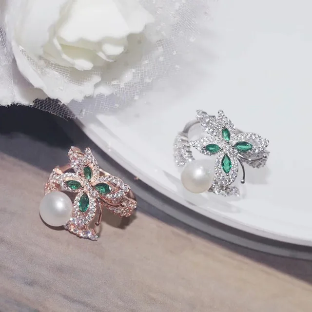 Женские камни из серебра 925 пробы с зеленым искусственным жемчугом|Кольца| |