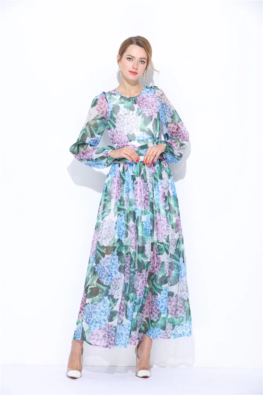 2017 женское Модное шифоновое платье для подиума Длинные рукава с цветочным