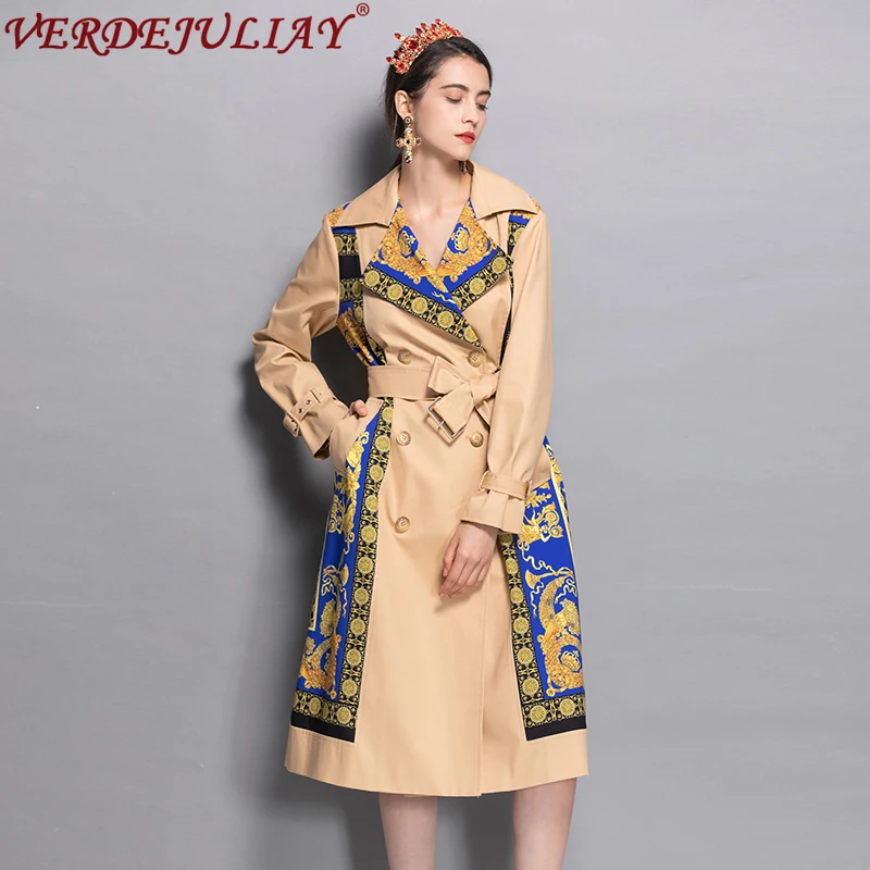 

Top Ladies Fashion Trench Early Autumn Print Patchwork Belt Double Breasted Hot Sale Apricot Long Slim Coat