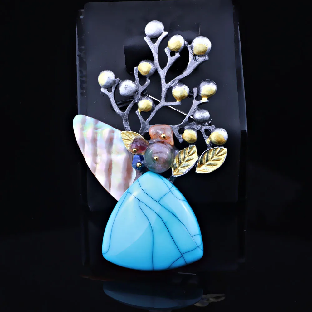 Handmade natural stone and shell brooches pins Vintage brooch for women | Украшения и аксессуары