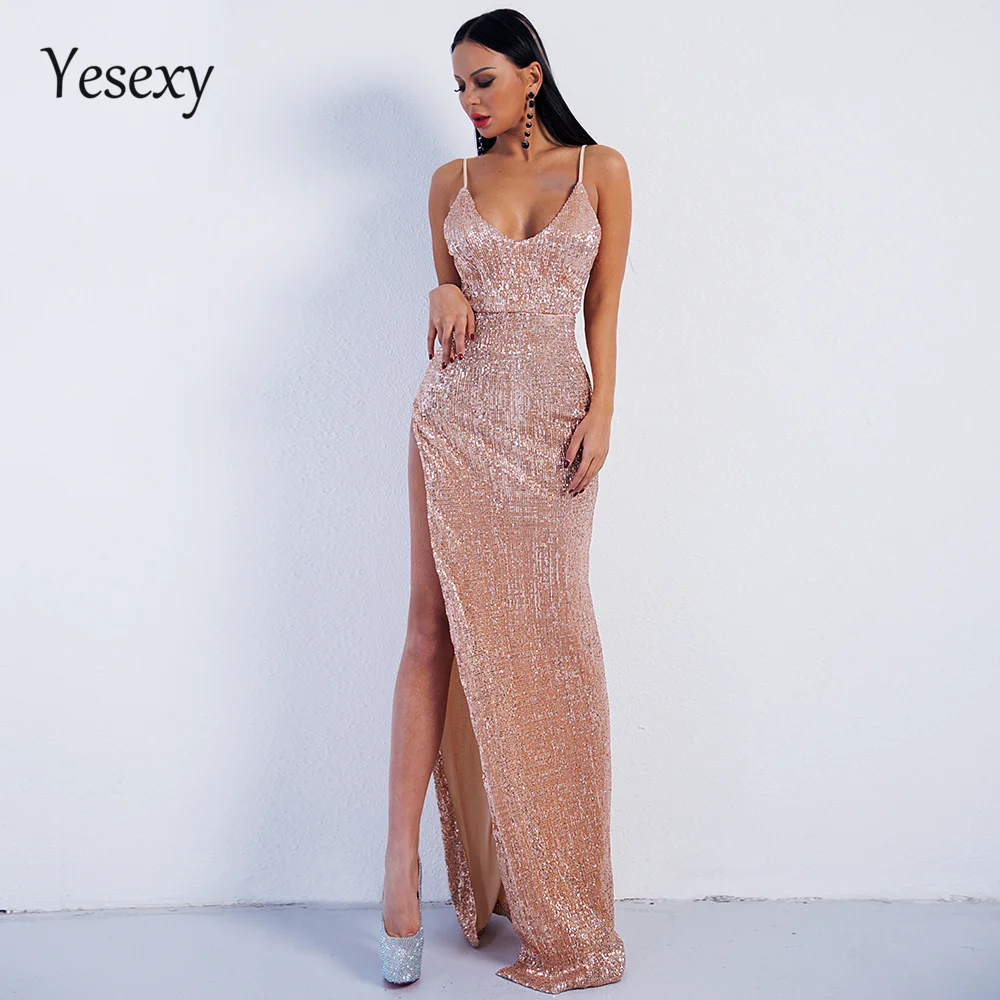 Yesexy, сексуальные летние платья с глубоким v-образным вырезом, открытыми плечами, с блестками, с высоким разрезом, с открытой спиной, макси, вечерние платья, VR8400-1