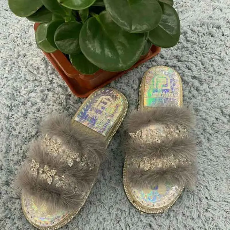 as picture 04 Г., новые тапочки из меха норки льняные соломенные пляжные шлепанцы летние меховые тапочки с перфорацией, женская обувь - Цвет: as picture 04