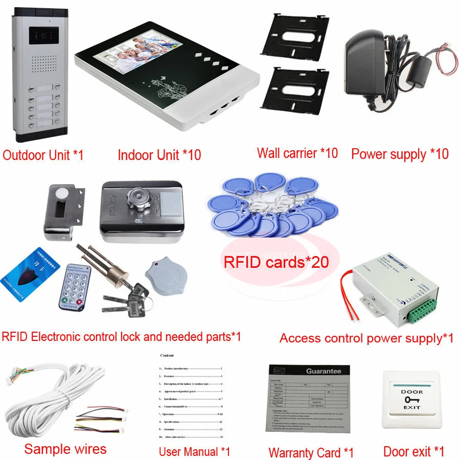 For 10 Apartments Luxury Home 7inch Color Video Door Phone Intercom Kit + RFID Electronic lock In Stock!