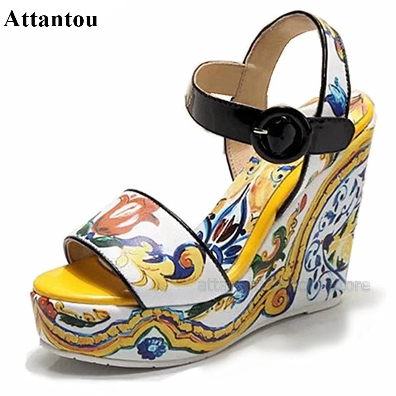 

Printed Block Heeled Wedges Platform High Heel Sandals Women Open Toe Mixed Color Flower Heeled Dress Shoes Woman Party Shoe