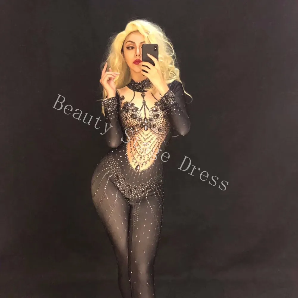 Sparkly Crystals Sexy Jumpsuit Costume Banquet Birthday Rompers Women Outfit Rhinestones Bodysuit Party Celebrate Occasion Wear