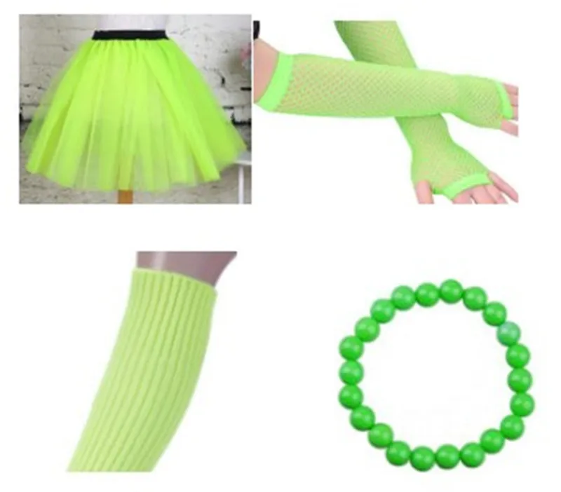 green Костюмы для косплея, неоновые костюмы 80 s, нарядный костюм, комплект-пачка, гетры, ажурные перчатки и бусины, вечерние костюмы на Хэллоуин для детей, подарок для взрослых - Цвет: green
