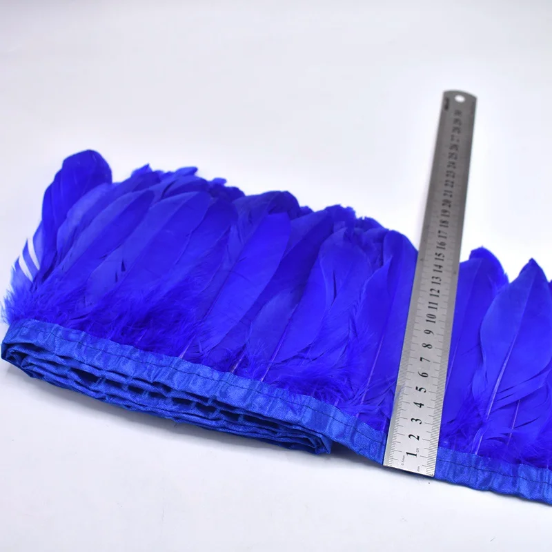 wholesale 2Meters/Lot Royal blue Goose feather trim Fringes bulk 15-20cm DIY Dyed Feather ribbon for Crafts for skirt decorative