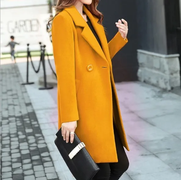 Wool Blends Womens Double Breasted Long Blazer For Women Woolen Notched Trench Coat Black Blue Red Yellow BIG Size Overcoat