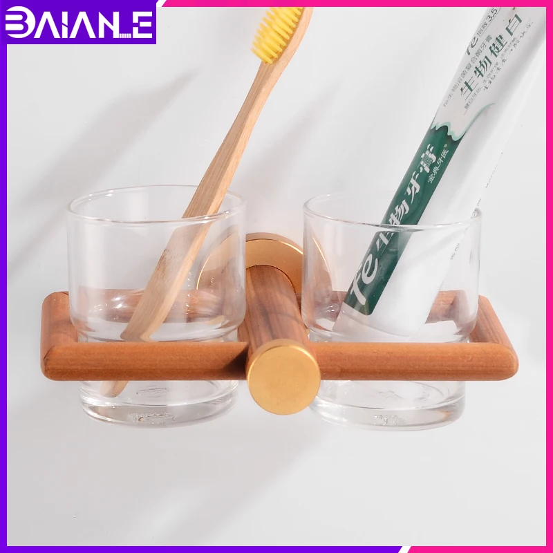 

Toothbrush Holder Glass Cup Tumbler Holder Aluminum Wooden Bathroom Accessories Tooth Brush Holder Set Wall Mounted