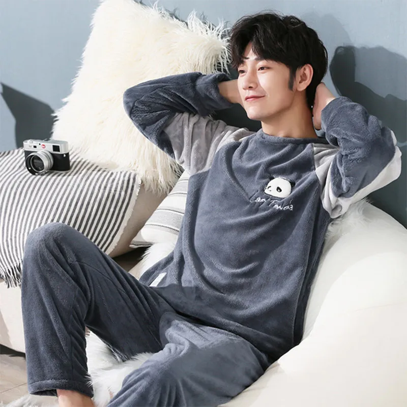 LLYGE, Мужская Фланелевая пижама с героями мультфильмов, коралловый флис, уплотненная Домашняя одежда с круглым вырезом и длинным рукавом, Пижамный костюм, весенние мужские штаны, ночные рубашки