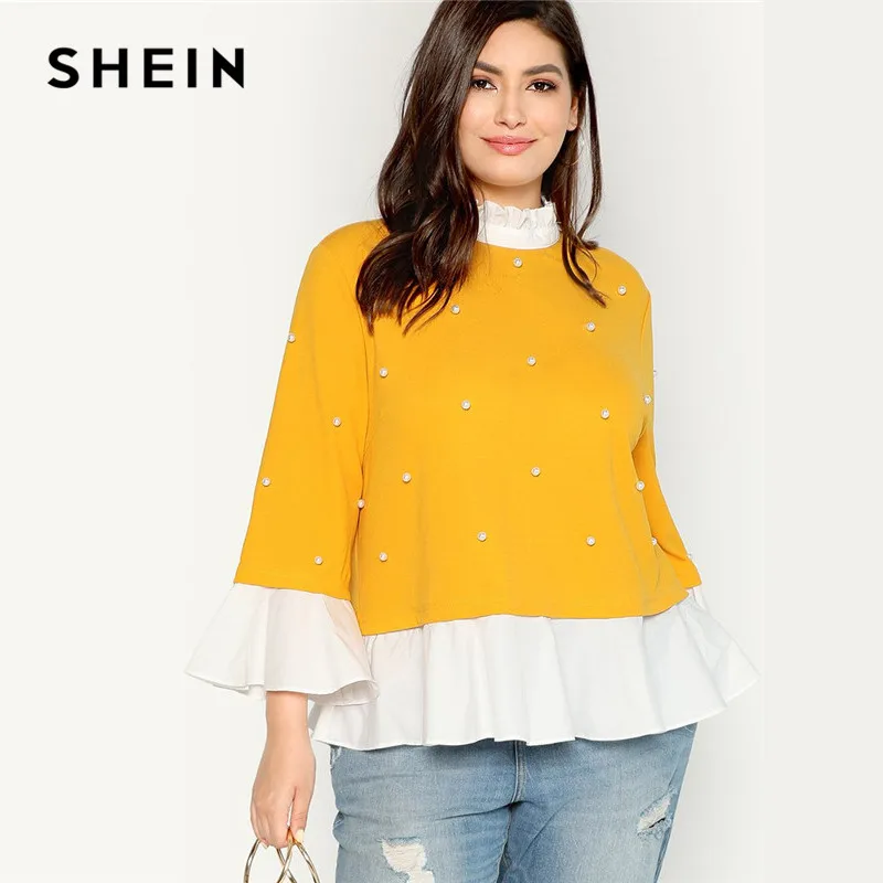 SHEIN Плюс Размеры Отделкой Оборкаой Блузка С Бисерами Элегантный Топ С Воланами С Жемчугом На Пуговицах