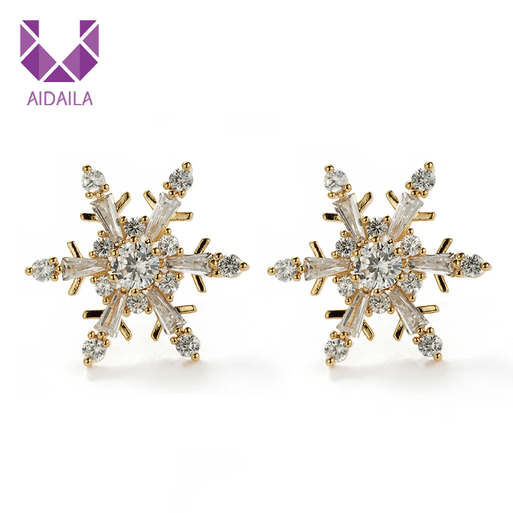 Снежинка серьги с полным AAA + фианит циркон золотого цвета металла высокое