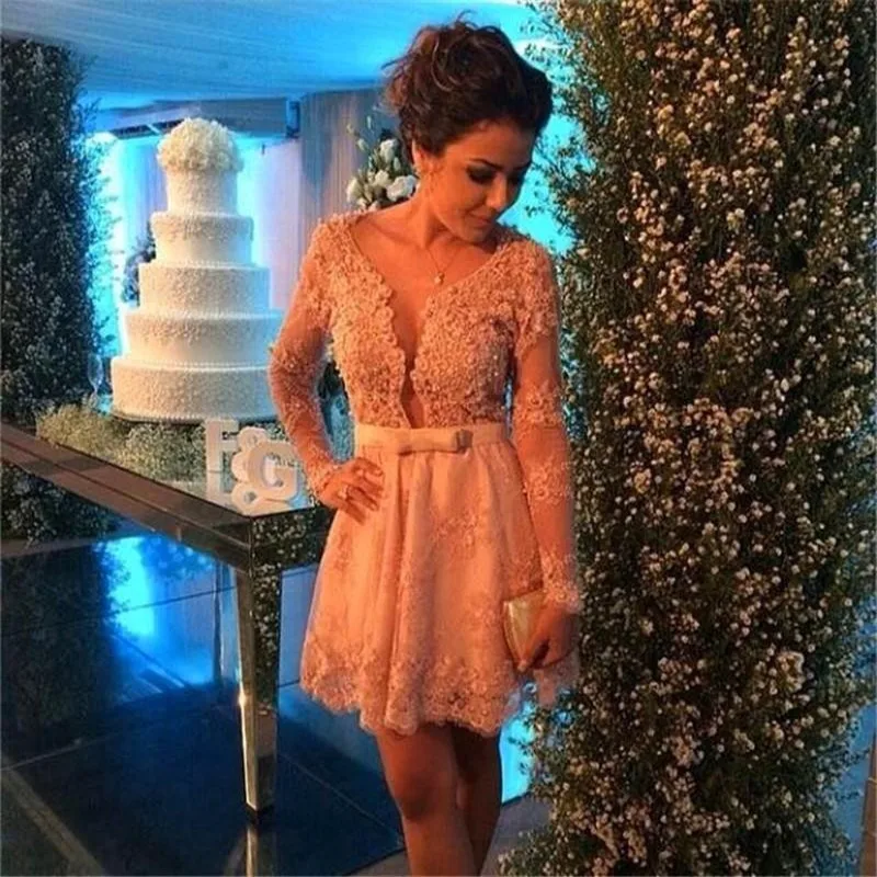 Vestidos с длинным рукавом V образным вырезом Кружева Аппликация Короткие вечерние платья для свадьбы коктейльное на заказ