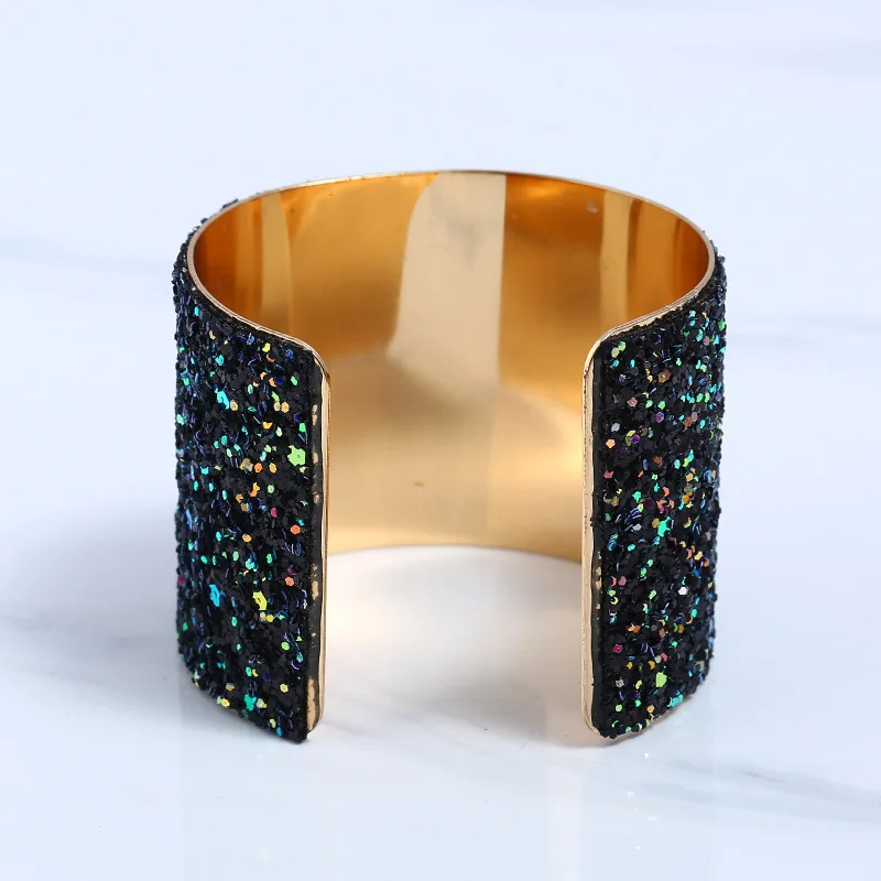 Personality Sequin Alloy Opening Wide Bangle Black Gold Jewelry Bracelet For Ladies Luxury Bracelets | Украшения и аксессуары