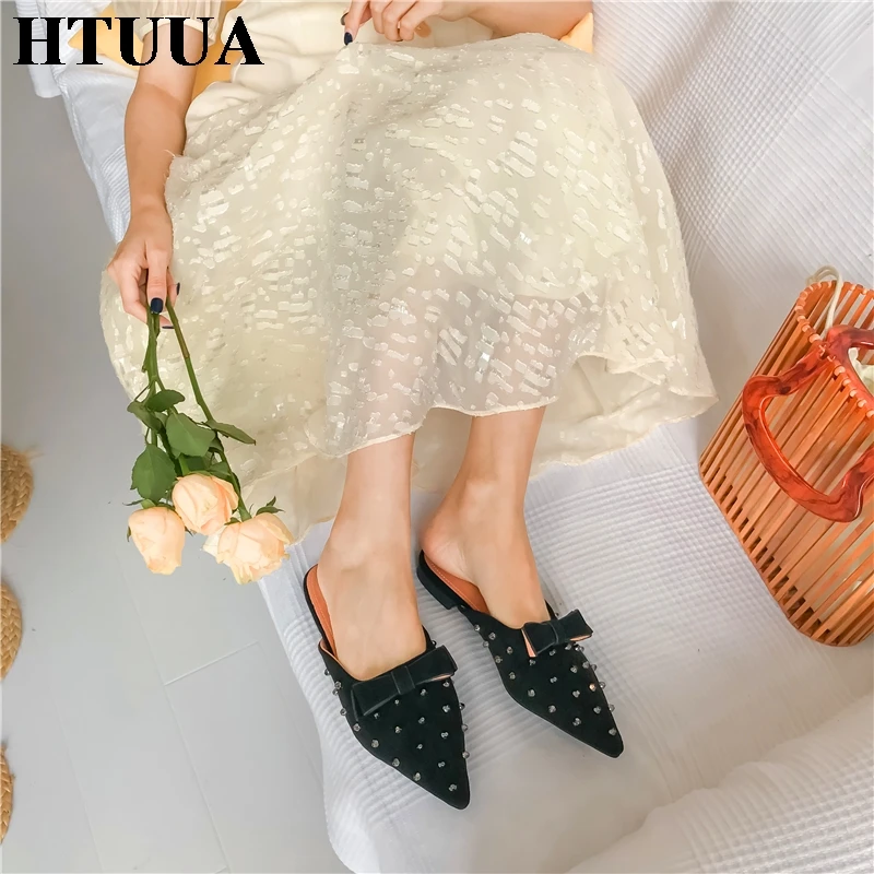 HTUUA/осенние модные женские шлепанцы из флока с заклепками и бантиком-бабочкой