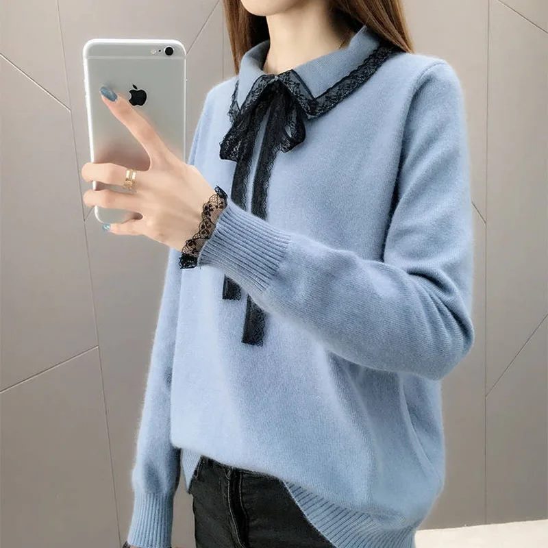 Blue VANGULL новые женские вязаные свитера весна осень короткие Лоскутные кружевные пуловеры с бантом под шею с длинным рукавом свитера - Color: Blue