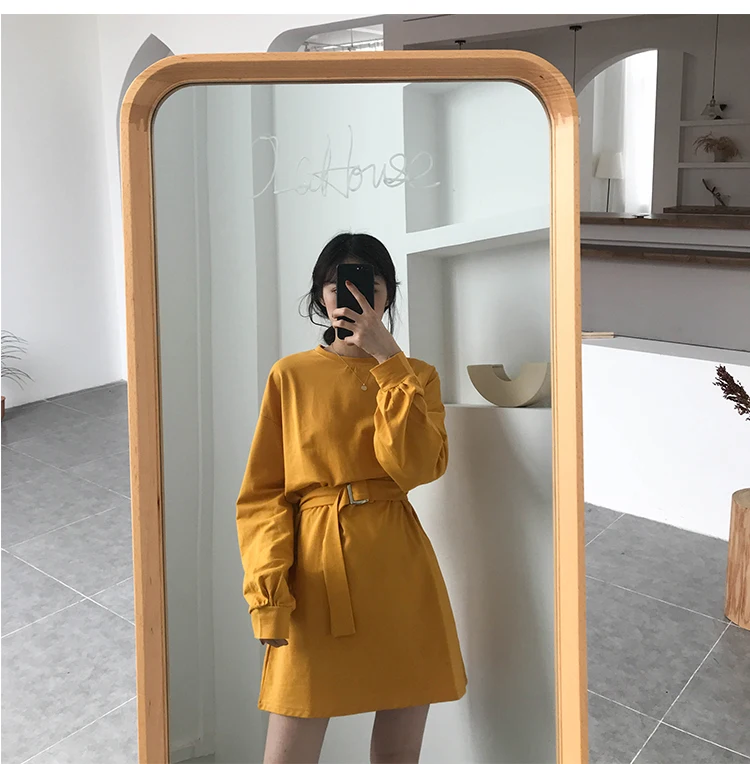 Ulzzang корейский стиль Женская одежда модный бренд весна осень новые длинные топы О-образный вырез длинный рукав пояса свободные повседневные футболки