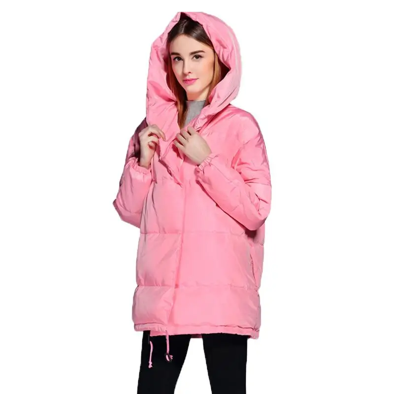 

New Winter Women Loose Fit Parkas 90% Duck Down Coat Medium-long Thickness Hooded Jacket Warm Snow Black Pink Gray Overcoat