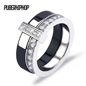 Black Модные Двухслойные керамические женские кольца хорошего качества, черные, белые, розовые кольца с кристаллами для женщин, кольцо средней длины, модные ювелирные изделия - Цвет основного камня: Black